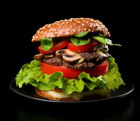 A delicious fresh home made burger with lettuce, cheese, onion and tomato on a rustic wooden. Created with Generative AIの素材