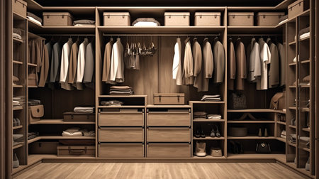 Wardrobe closet with different stylish clothes, shoes and home stuff in the room. Created with Generative AIの素材