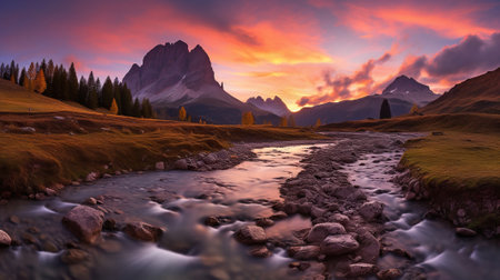 Vintage landscape with a mountain river. Sunset sky over river landscape, nature background. Created with Generative AIの素材