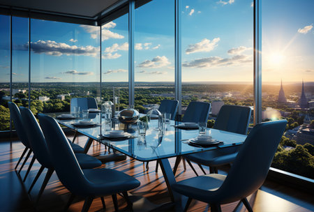 Meeting room with panoramic cityscape. Created with Generative AIの素材