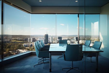 Meeting room with panoramic cityscape. Created with Generative AIの素材