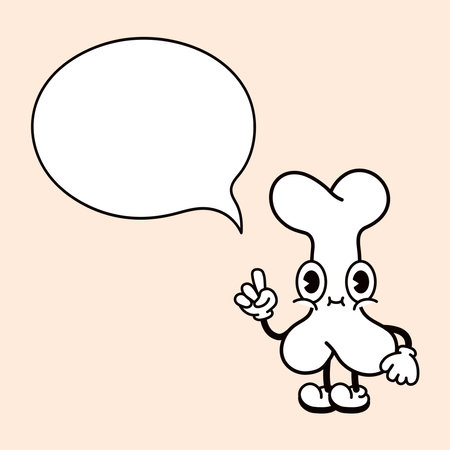 Cute funny Bone with speech bubble character. Vector hand drawn traditional cartoon vintage, retro, kawaii character illustration icon. Isolated on brown background. happy bone characterのイラスト素材