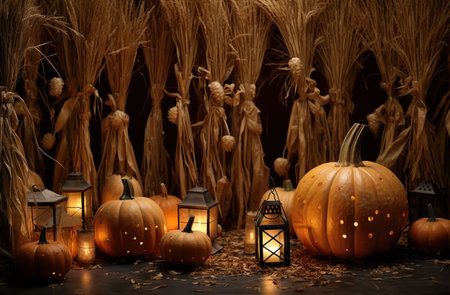 Halloween pumpkins decorated for Halloween, lights and lanterns. Created with Generative AIの素材