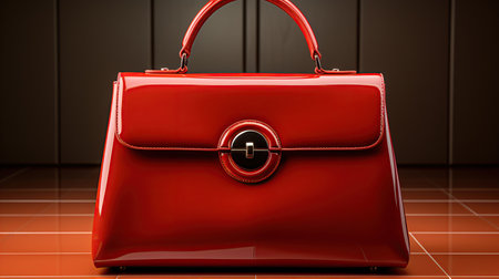 Elegant bag on shelf in luxury boutique in minimalistic backdrop. Created with Generative AIの素材