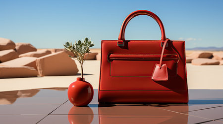 Elegant bag on shelf in luxury boutique in minimalistic backdrop. Created with Generative AIの素材