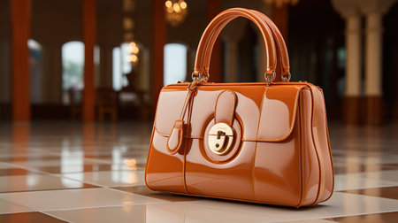 Elegant bag on shelf in luxury boutique in minimalistic backdrop. Created with Generative AIの素材