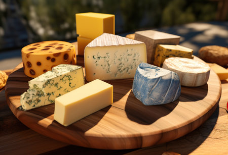 Different types of colorful cheese on a wood board. Created with Generative AIの素材