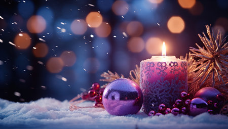 Winter decoration with candles Christmas balls near the snow-covered window. Christmas background. Created with Generative AIの素材