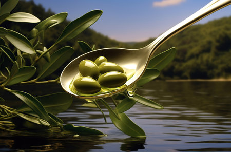 Olive oil and olive leaves. Created with Generative AIの素材