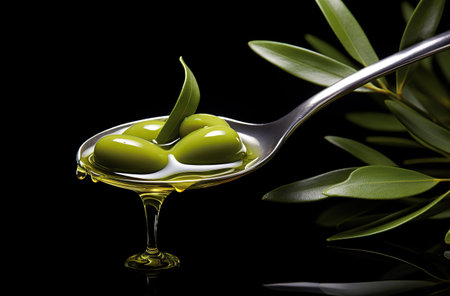 Olive oil and olive leaves. Created with Generative AIの素材