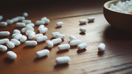 Pills tablets spilling on wood table. Created with Generative AIの素材