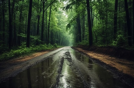 Road in foggy forest in rainy day. Beautiful mountain curved roadway, trees with green foliage in fog and overcast sky. Created with Generative AIの素材