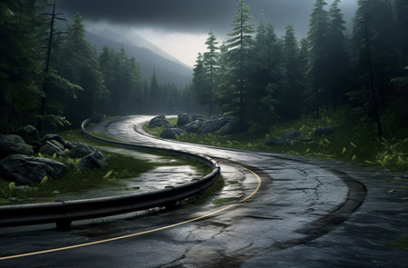 Road in foggy forest in rainy day. Beautiful mountain curved roadway, trees with green foliage in fog and overcast sky. Created with Generative AIの素材