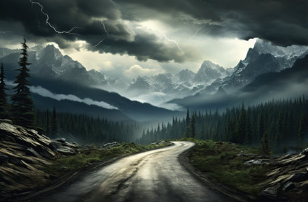 Road in foggy forest in rainy day. Beautiful mountain curved roadway, trees with green foliage in fog and overcast sky. Created with Generative AIの素材