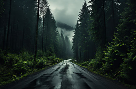 Road in foggy forest in rainy day. Beautiful mountain curved roadway, trees with green foliage in fog and overcast sky. Created with Generative AIの素材
