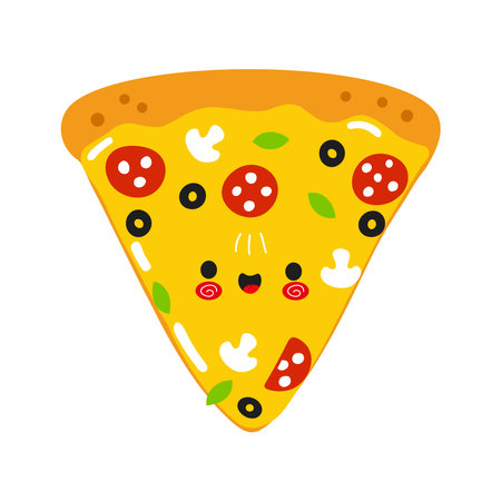 Cute funny Slice of pizza character. Vector hand drawn cartoon kawaii character illustration icon. Isolated on white background. Happy Pizza character conceptのイラスト素材