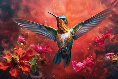 Scaly-breasted hummingbird feeding on flowers. Created with Generative AIの素材