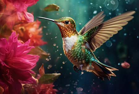Scaly-breasted hummingbird feeding on flowers. Created with Generative AIの素材