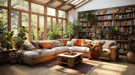 Stylish scandinavian living room with green houseplants sofas bookstand and wooden desk. Brown wooden parquet. Created with Generative AIの素材