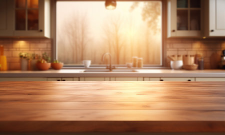 Empty brown wooden table and blur background, for montage or display your products with copy space, business concept. Created with Generative AIの素材
