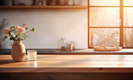 Empty brown wooden table and blur background, for montage or display your products with copy space, business concept. Created with Generative AIの素材