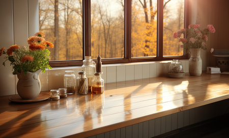 Empty brown wooden table and blur background, for montage or display your products with copy space, business concept. Created with Generative AIの素材