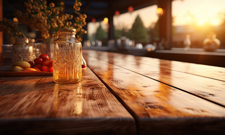 Empty brown wooden table and blur background, for montage or display your products with copy space, business concept. Created with Generative AIの素材