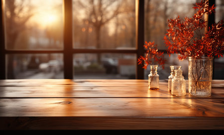 Empty brown wooden table and blur background, for montage or display your products with copy space, business concept. Created with Generative AIの素材