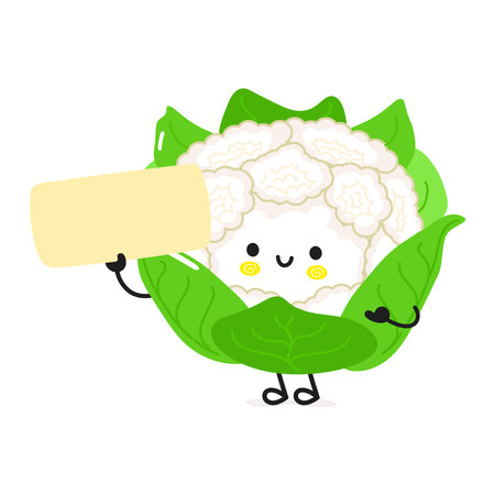 Cute funny Cauliflower poster character. Vector hand drawn cartoon kawaii character illustration. Isolated white background. Cauliflower posterのイラスト素材