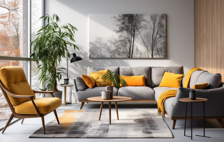 Stylish orange color living room with green houseplants sofas bookstand and wooden desk. Brown wooden parquet. Created with Generative AIの素材