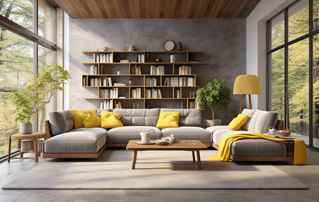 Stylish orange color living room with green houseplants sofas bookstand and wooden desk. Brown wooden parquet. Created with Generative AIの素材