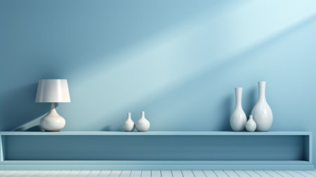 Pot of flowers on a blue background, minimalistic decoration, plant at the desk, copy space for text, modern house. Created with Generative AIの素材