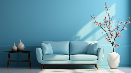 Pot of flowers on a blue background, minimalistic decoration, plant at the desk, copy space for text, modern house. Created with Generative AIの素材