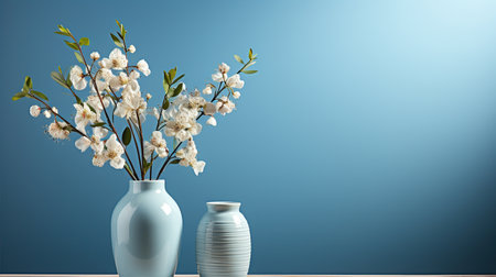 Pot of flowers on a blue background, minimalistic decoration, plant at the desk, copy space for text, modern house. Created with Generative AIの素材