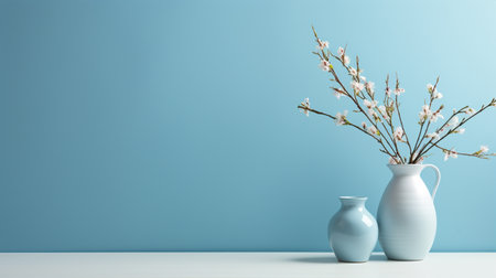 Pot of flowers on a blue background, minimalistic decoration, plant at the desk, copy space for text, modern house. Created with Generative AIの素材