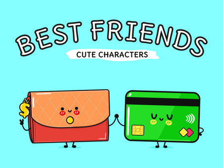 Cute, funny happy Wallet with money and Credit card and marijuana weed bud character. Vector hand drawn cartoon kawaii characters, illustration icon. Wallet with money and Credit card friends conceptのイラスト素材