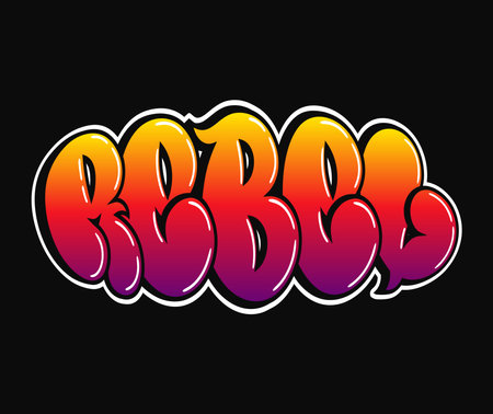 Rebel word trippy psychedelic graffiti style letters.Vector hand drawn doodle cartoon logo Rebel illustration. Funny cool trippy letters, fashion, graffiti style print for t-shirt, posterのイラスト素材