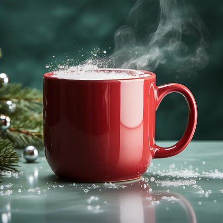 Christmas cup against the background of a Christmas tree. New Year's mood. Created with Generative AIの素材