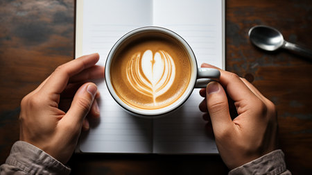 Open a blank white notebook, pen and cup of coffee on the desk. Created with Generative AIの素材