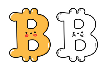 Bitcoin Sign character outline cartoon illustration for coloring book. Vector hand drawn Bitcoin Sign raditional cartoon vintage, retro, kawaii character. Isolated white backgroundのイラスト素材