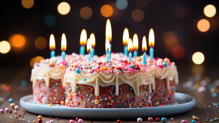 Birthday cake colorful Sprinkles and lit candles over a background. Created with Generative AIの素材