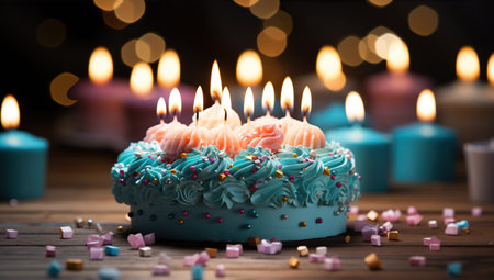 Birthday cake colorful Sprinkles and lit candles over a background. Created with Generative AIの素材