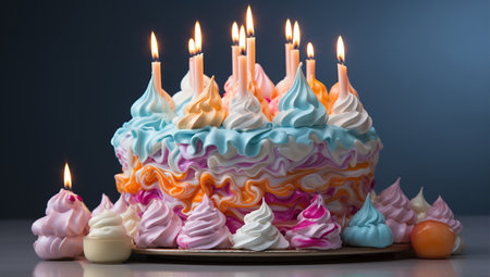 Birthday cake colorful Sprinkles and lit candles over a background. Created with Generative AIの素材