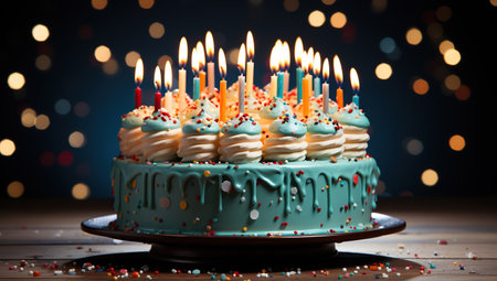 Birthday cake colorful Sprinkles and lit candles over a background. Created with Generative AIの素材