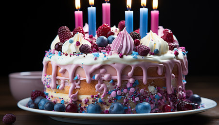 Birthday cake with colorful candles. Created with Generative AIの素材