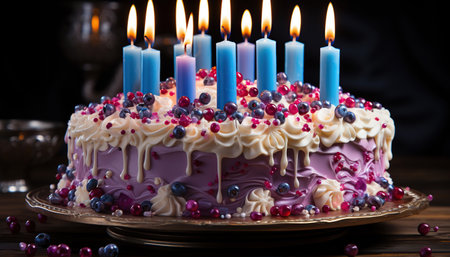 Birthday cake with colorful candles. Created with Generative AIの素材