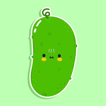 Cucumber sticker character. Vector hand drawn cartoon kawaii character illustration icon. Isolated on green background. Cucumber character conceptのイラスト素材