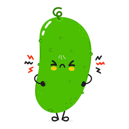 Cute angry Cucumber character. Vector hand drawn cartoon kawaii character illustration icon. Isolated on white background. Sad Cucumber character conceptのイラスト素材