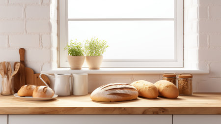 Mix of bread on cutting board and on basket. Created with Generative AIの素材