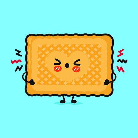 Cute sad cookies character. Vector hand drawn cartoon kawaii character illustration icon. Isolated blue background. Angry cute cookies characterのイラスト素材